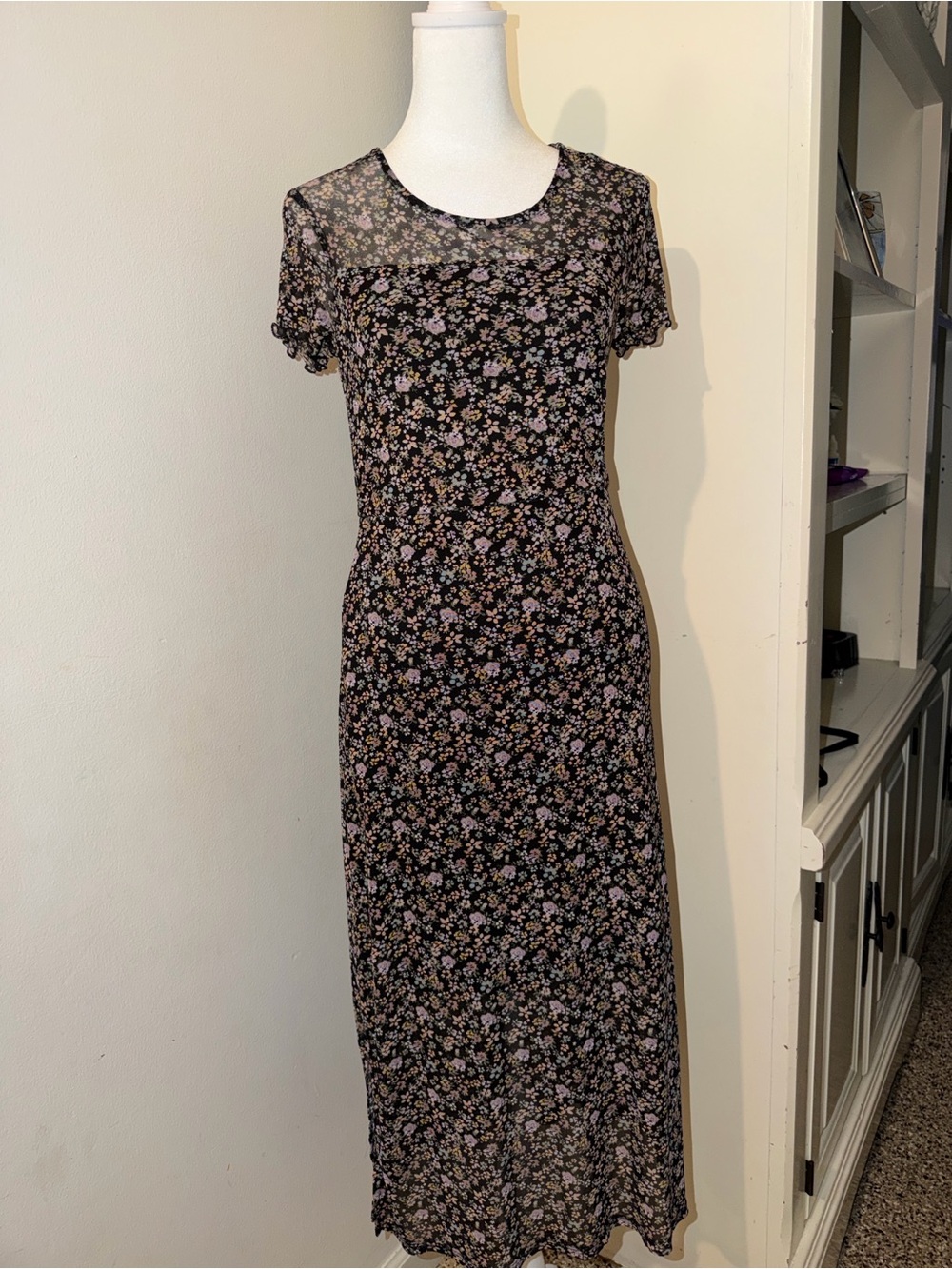 Girls' Black Floral Short-Sleeve Maxi Dress